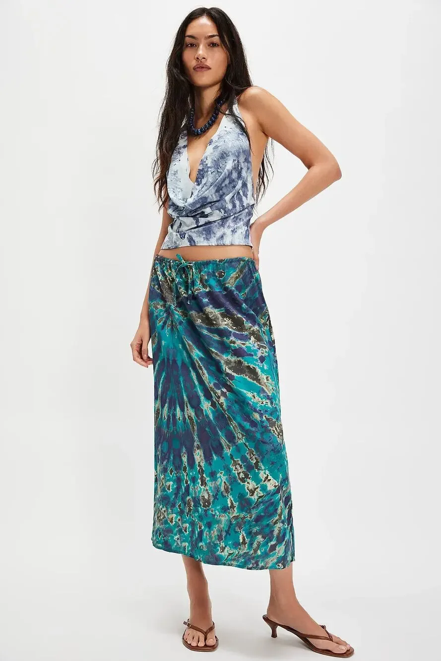 New Free People Tropical Oasis Maxi Skirt Set $128 Medium Blue Ocean Combo